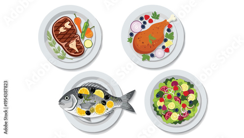 Top view of four healthy and delicious plates with grilled steak, roasted chicken, baked fish, and fresh green salad.
