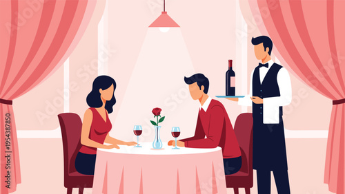 Romantic couple having a private dinner date at a restaurant with a waiter serving wine in an elegant atmosphere.