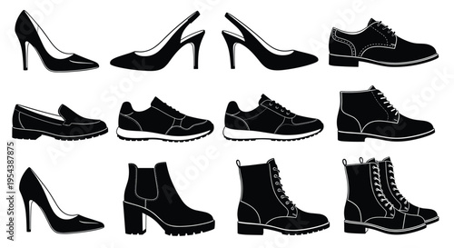 Collection of black footwear silhouettes including high heels pumps sneakers boots loafers and oxfords isolated on white background for fashion design