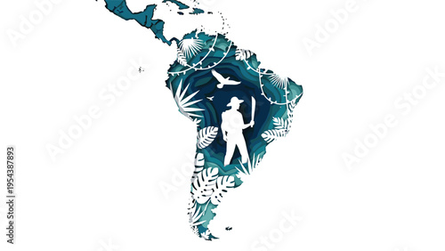 Silhouette of South America map with paper cut jungle layers and a man with a machete and bird inside the forest.
