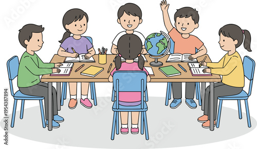 Diverse group of cute primary school children studying together at classroom desk with books and globe flat vector illustration.