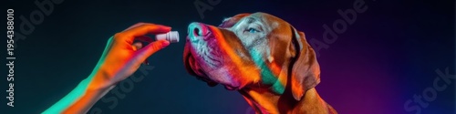 Human hand applying nose balm to a dog for veterinary wellness treatment in a studio setting with neon lighting and copy space for pet skincare advertising