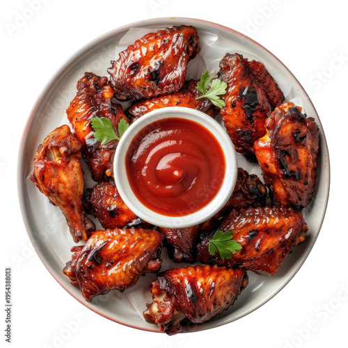 Delicious Grilled Chicken Wings with Tangy Dipping Sauce on a Plate on transparent background