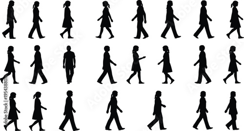 Collection of People Walking Silhouette Profiles Featuring Various Men and Women in Casual Attire for Urban Street Life Social Diversity and Pedestrian Lifestyle Vector Illustrationst