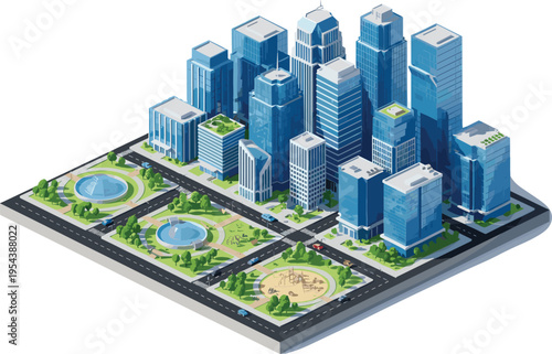 Vector isometric illustration of a modern city business district with blue glass skyscrapers urban roads green parks and office buildings,