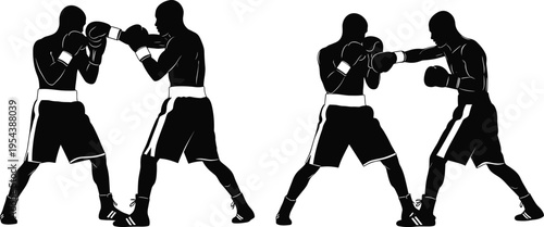 Dynamic silhouettes of boxers sparring in competitive training, showcasing punching techniques, defensive stances, athletic movement, and sports energy in professional boxing illustration for fitness 