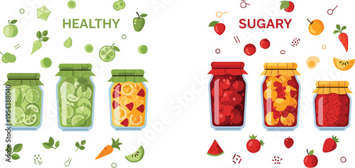 Healthy and sugary food comparison with fruit jars and fresh ingredients, nutrition concept showing natural versus sweet preserved foods vector illustration set