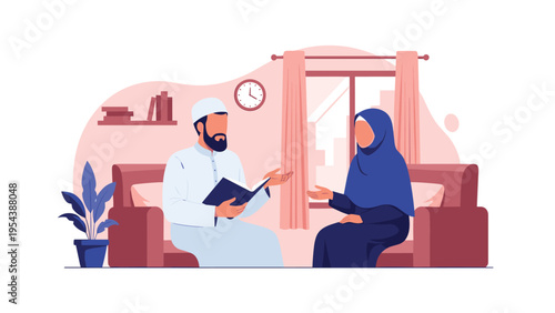 Traditional Muslim couple sitting on a sofa and having a conversation while the man is holding a holy book.