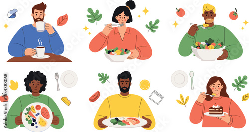 Healthy eating habits concept with people enjoying balanced meals fruits vegetables and desserts, nutrition lifestyle and diet vector illustration set