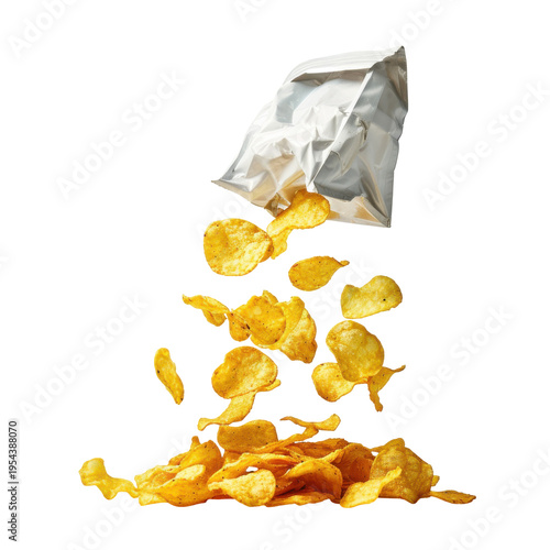 Crispy Golden Potato Chips Spilling from Silver Bag Against White Background on transparent background