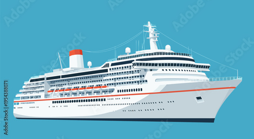 Luxury cruise liner vector illustration on a clear blue background, depicting a grand ship sailing across the open sea