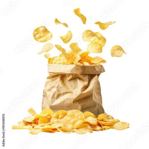Crispy Potato Chips in a Paper Bag with Flakes Falling, Perfect for Snacking or Parties on transparent background