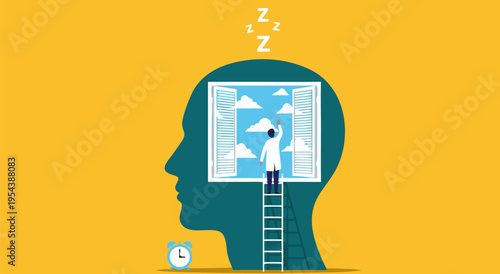 Creative Mental Refreshment and New Ideas Vector Illustration - A Person Cleans and Opens a Window in a Human Head Silhouette