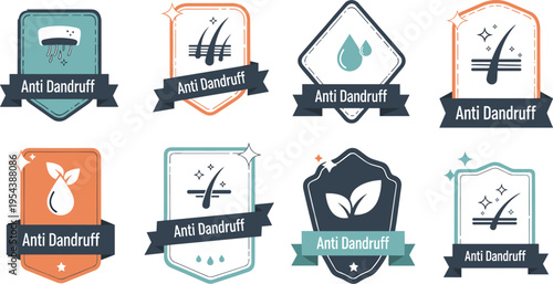 Anti dandruff badges collection with hair care treatment icons cosmetic product labels vector illustration