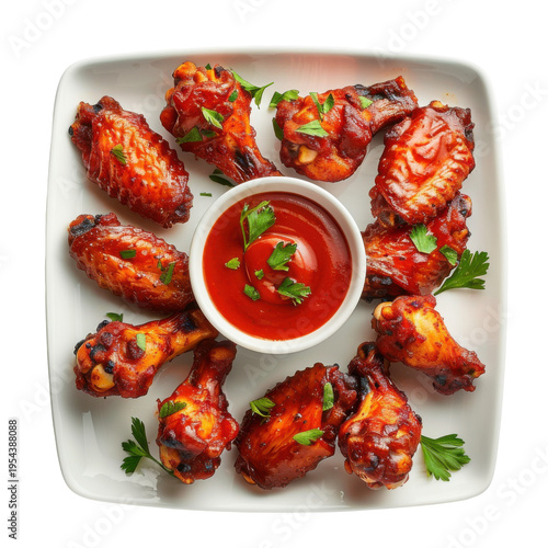 Deliciously Spicy Chicken Wings with Dipping Sauce, Garnished with Fresh Parsley on a White Plate on transparent background