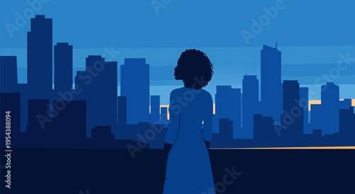 A Woman's Silhouette Gazes at the City Skyline at Dusk in This Vector Illustration