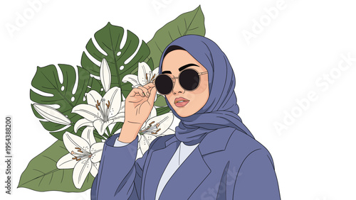 Beautiful young woman wearing a blue hijab and sunglasses posing in front of exotic green leaves and white lilies.