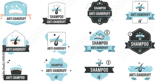 Anti dandruff shampoo badge collection with scalp care labels and hair treatment icons vector set