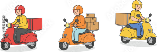 Courier delivery man characters riding scooter motorcycles with cargo boxes and parcels flat vector illustration set.