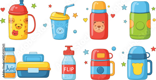 Kids drink bottles and lunch containers set with colorful thermos cups juice boxes and food storage, cute cartoon school accessories vector illustration collection