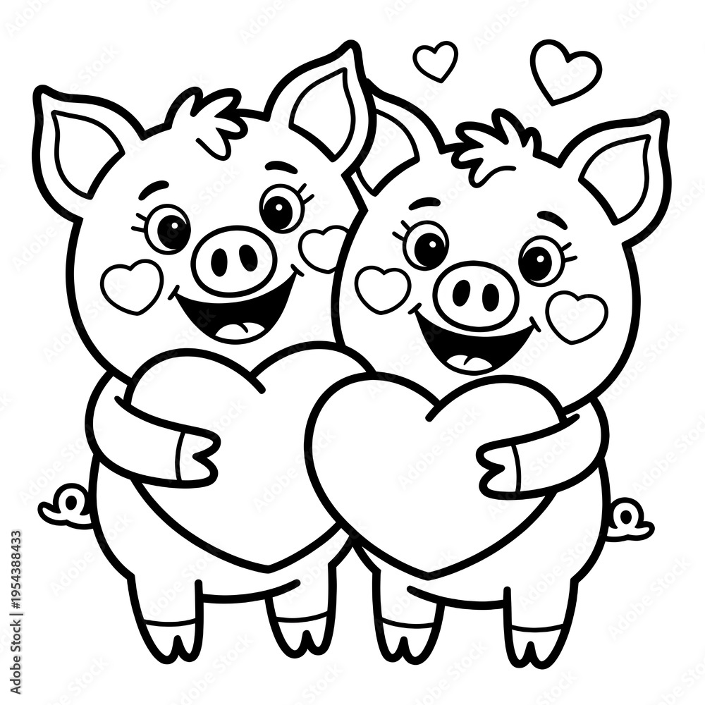 Fototapeta premium Adorable Cartoon Pig Couple in Love: Monochrome Valentine's Day Whimsical Illustration with Hearts, Perfect for Young Animal Lovers and Playful Coloring Enthusiasts