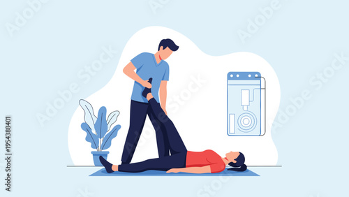 Physical therapist helping a woman with her leg exercises in a modern medical clinic with rehabilitation equipment.