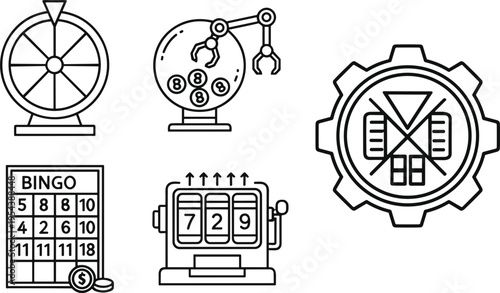 Casino and automation icons set bingo slot machine wheel robotic process symbols line vector illustration collection isolated on white background