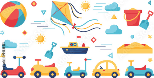 Kids summer toys and beach elements set with cars kite ball sand bucket and boat, colorful outdoor play illustration collection for children design