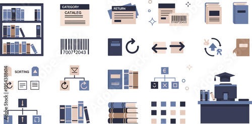 Library management and catalog system icons set with books barcode sorting return and archive elements, education and database organization vector illustration collection