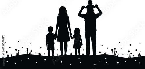 Happy Family Silhouette with Parents and Children Standing on Grass, Father Carrying Baby on Shoulders, Parenting Love and Togetherness Concept
