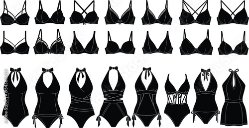 Fashion silhouette illustration collection of women’s swimwear and lingerie designs, showing diverse bras and one‑piece swimsuits with stylish variations, straps, cutouts, and decorative elements.
