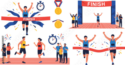 Marathon finish line victory set with runners crossing finish tape medals and cheering crowd, running competition success concept vector illustration collection