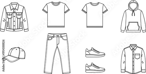 Casual clothing icons set vector illustration with t shirt hoodie jacket jeans shoes cap and everyday fashion apparel outline collection