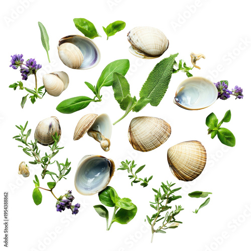 Fresh Clams and Herbs Arrangement for Culinary Delights in a Bright, Natural Setting on transparent background