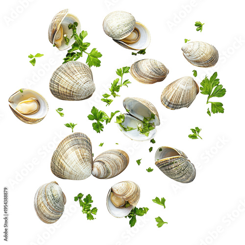 Fresh Clams with Cilantro on White Background for Culinary Inspiration and Seafood Dishes on transparent background