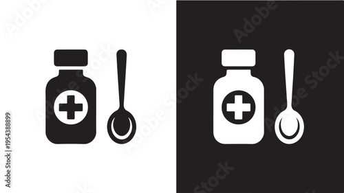 Medicine bottle and spoon minimalist flat icon in black and white contrasting vector illustration for medical app design.