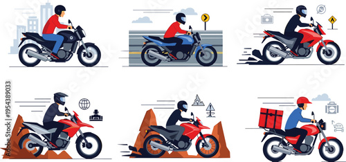 Motorcycle riders set with city road and off road biking scenes, delivery courier and sport motorbike action vector illustration collection