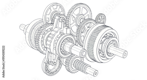 Detailed technical drawing of a complex mechanical gear system, blueprint style
