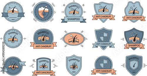 Anti dandruff shampoo badges and scalp care labels collection with hair treatment icons vector illustration