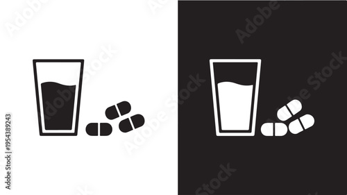 Glass of water and pills simple medical icon black and white contrasting clean vector graphic for health and medication information.