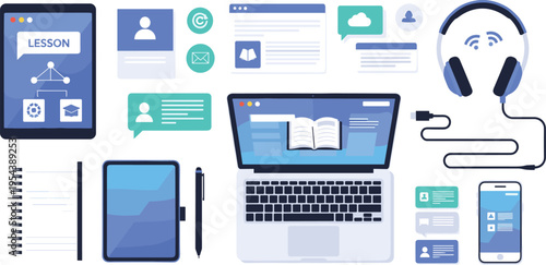 Online education and e learning concept with laptop tablet smartphone headphones and digital lessons, modern distance learning technology vector illustration set