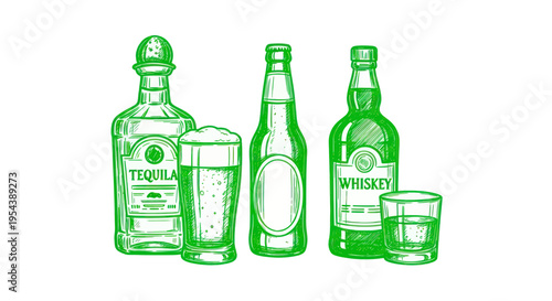Assortment of Alcoholic Drinks: Tequila, Beer, and Whiskey Collection