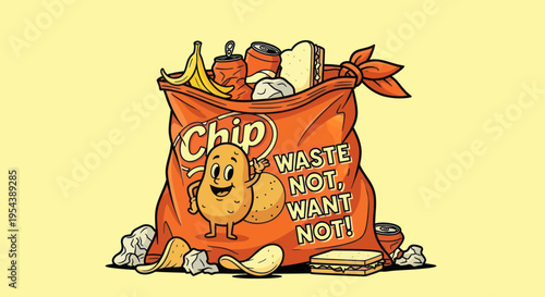 Chip bag overflowing with food, promoting waste not want not message