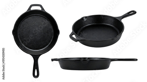Black cast iron skillet collection isolated on white background with top, side, and perspective views.