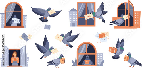 Pigeon mail delivery set with birds carrying letters and packages through city windows, urban postal communication concept vector illustration collection