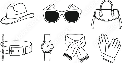Fashion accessories icons set vector illustration with hat sunglasses handbag belt watch scarf gloves and stylish apparel outline collection elements