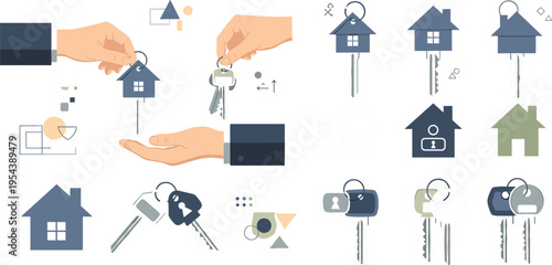 Real estate key handover concept with house icons keys and property ownership, home buying and rental agreement vector illustration set