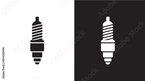 Spark Plug Minimalist Icon with Black and White Contrasting Colors in Flat Vector Graphic for Automotive Service Branding and Engine Maintenance.