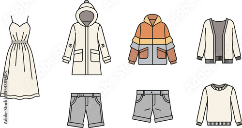 Fashion clothing icons set vector illustration with dress coat jacket sweater shorts and casual apparel collection for modern wardrobe design
