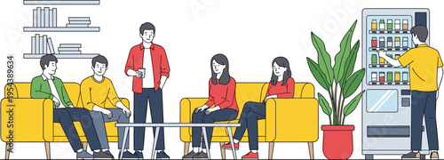 Illustration of people in lounge breakroom with couches, coffee table, vending machine, bookshelf, and potted plant, symbolizing office leisure, social interaction, and creative artwork projects